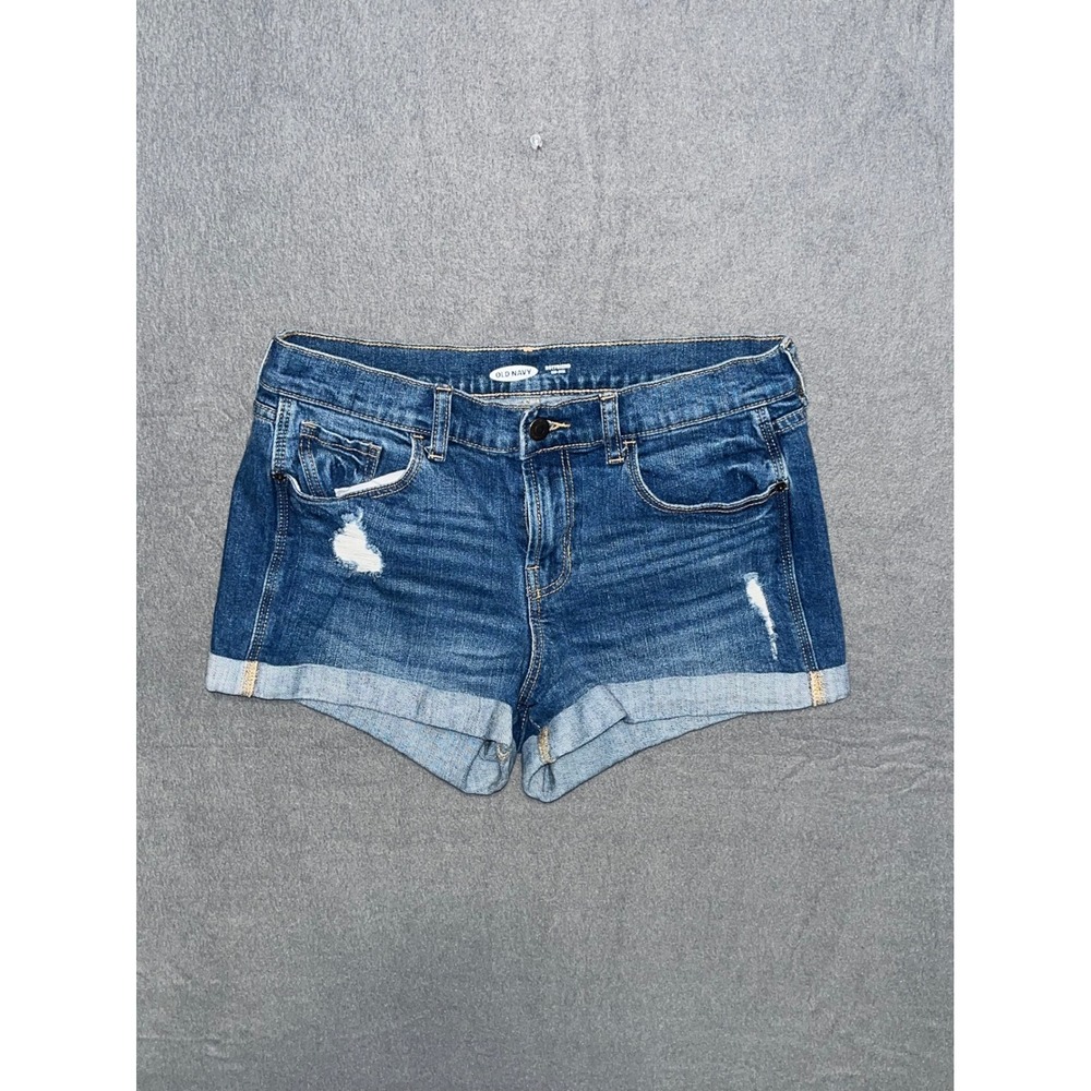 Old Navy Boyfriend Mid-Rise Denim Shorts Medium Wash Distressed Cuffed Blue 4